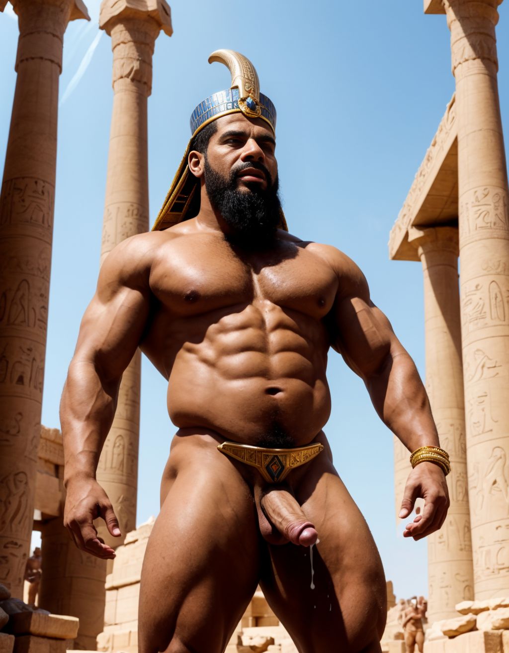 Faraón Ramsés 2 está desnudo en el Gran Templo de Abu Simbel. Tiene un pene muy grande y está erecto. Tiene dos testículos grandes. En la cabeza tiene una doble corona pschent. Tiene el nemes el tocado faraónico. Tiene barba. Tiene el faldellín. Tiene mucho vello en brazos y piernas. Está eyaculando semen liquido blanco por el pene. Tiene barba y tiene cara viril y fuerte. Tiene barba. Eyaculación. Sale y chorrea leche blanca. Polla gigante.