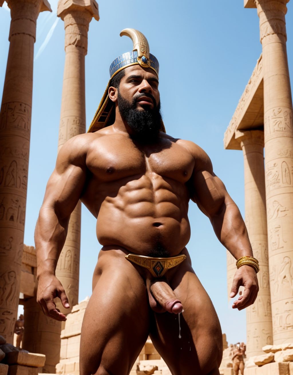 Faraón Ramsés 2 está desnudo en el Gran Templo de Abu Simbel. Tiene un pene muy grande y está erecto. Tiene dos testículos grandes. En la cabeza tiene una doble corona pschent. Tiene el nemes el tocado faraónico. Tiene barba. Tiene el faldellín. Tiene mucho vello en brazos y piernas. Está eyaculando semen liquido blanco por el pene. Tiene barba y tiene cara viril y fuerte. Tiene barba. Eyaculación. Sale y chorrea leche blanca. Polla gigante.