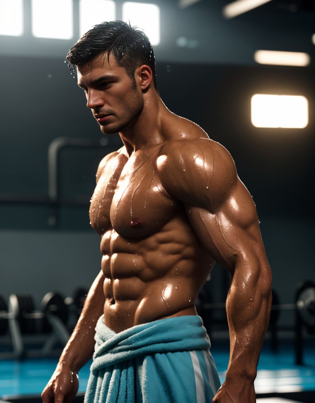 Hombre musculoso de 28 años, jugador de fútbol, cubierto de gotas de agua, parado en un gimnasio, físico atlético, torso desnudo, toalla húmeda en la cintura, piel brillante, sombras dramáticas, expresión serena y cansada, estilo fotorealista, texturas húmedas, fondo desenfocado, enfoque en la forma poderosa del jugador.