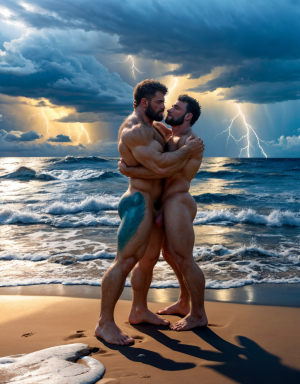 Neptuno es dios de los mares, las tempestades y los vientos. Es un dios malhumorado y violento. Está desnudo. Tiene mucho vello. Está llamando a los monstruos del océano. Está andando sobre la arena de la playa. Tiene un pene largo y erecto. Tiene los pies desnudos. Está enamorado de él dios Júpiter el principal dios romano y se besan.