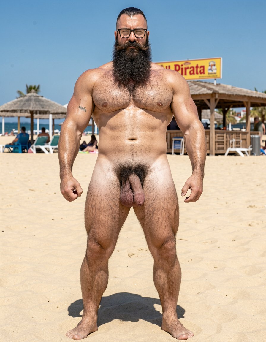 Photorealistic portrait of Hipsterbarba, exactly matching the reference photo. 40 year old Spanish muscle bear, 180cm tall, 80kg, 8% body fat, completely dry and shredded six-pack with deep cuts, visible linea alba and dark treasure trail from navel to dense black pubes. No belly whatsoever. Rounded developed pectorals covered in dense dark masculine chest hair, small dark erect nipples. Broad rounded shoulders, vascular muscular arms with the small black tattoo 