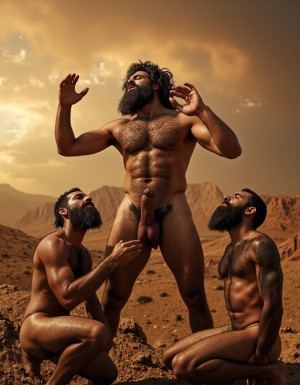 Tres hombres árabes maduros desnudos completamente velludos sobre paisaje rocoso desértico, figura central hombre rudo 50 años de pie frontal con brazos levantados extendidos hacia cielo en postura oración fervorosa primitiva, rostro barbudo negro grisáceo denso tupido salvaje mirando arriba con boca entreabierta rezando intensamente gutural, ojos cerrados apretados con fuerza, expresión arrebatada apasionada espiritual tribal, cabello negro canoso largo despeinado hasta hombros flotando salvaje por viento fuerte, piel morena dorada bronceada madura curtida sudorosa brillante con arrugas naturales textura real poros visibles suciedad polvo, pecho amplio cubierto abundante vello negro grisáceo rizado denso salvaje subiendo bajando por respiración intensa devocional, abdomen maduro algo abultado con trail oscuro grueso, pene erecto enorme grueso moreno circuncidado apuntando arriba completamente rígido con venas gruesas marcadas visibles pulsantes, glande hinchado oscuro, testículos péndulos grandes peludos colgando pesados realistas, piernas musculosas maduras separadas firmes plantadas, figura izquierda hombre rudo primitivo 48 años arrodillado muy cerca inclinado hacia hombre central con mano derecha extendida tocando reverente envolviendo base pene erecto del rezador con dedos firmes respetuosos devotos, pene propio erecto grande grueso moreno apuntando diagonal arriba completamente rígido con venas marcadas glande hinchado oscuro visible pulsante, testículos peludos péndulos tensos, rostro barbudo negro tupido salvaje mirando hacia arriba a hombre central con adoración intensa desesperada lágrimas rodando mejillas sucias polvorientas, boca abierta pronunciando alabanzas fervorosas primitivas guturales, barba negra salvaje densa despeinada mojada sudor lágrimas, cabello negro largo despeinado ondeando viento violento, espalda ancha arqueada peluda tensionada, glúteos firmes peludos levantados, figura derecha hombre rudo primitivo 45 años arrodillado lado opuesto tres cuartos inclinado hacia hombre central con mano izquierda extendida tocando lateral medio pene erecto del rezador con palma abierta reverente acariciando tallo grueso venas, pene propio erecto enorme grueso moreno completamente rígido apuntando arriba con glande hinchado oscuro venas pulsantes visibles claramente, testículos péndulos peludos grandes colgando, rostro extasiado barbudo mirando falo central con devoción pasional intensa primitiva, boca entreabierta rezando fervoroso gutural, barba negra completa salvaje despeinada, cabello largo negro azabache flotando viento, torso musculoso maduro cubierto alfombra vello negro denso salvaje arqueado inclinado hacia delante adorando, piernas arrodilladas tensas sucias, fondo montañas áridas ocres polvorientas borrosas, cielo dorado dramático atardecer tormentoso, iluminación natural lateral cálida intensa creando contraste brutal claroscuro, rayo luz dorada iluminando hombre central desde arriba como divinidad primitiva, fotografía hiperrealista documental antropológica momento éxtasis espiritual ritual ancestral fálico tribal, texturas piel real sudor lágrimas polvo suciedad barro vello individual pelo púbico, poros abiertos, venas visibles cuello brazos penes erectos pulsantes tres falos completamente visibles duros, músculos tensos contraídos, expresiones faciales intensas apasionadas devotas respetuosas primitivas salvajes, composición triangular mística devocional ritual, hombres maduros rudos primitivos barbudos peludos completamente entregados adoración ritual fálico ancestral, resolución ultra alta definición 8K fotografía DSLR profesional realista dramática cinematográfica documental.