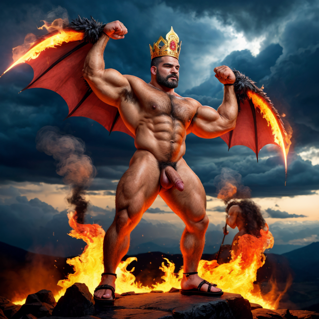 Cneo Pompeyo Magno desnudo con pene grande y testículos grandes peludos. Hombre Catón y hombre Cicerón están desnudos andando y cerca de Cneo Pompeyo Magno. Doblan el brazo derecho para enseñar los bíceps del brazo derecho con gran orgullo. Tiene mucho vello por todo el cuerpo. Está agachado. Está bronceado. Las sandalias están bonitas. Tiene corona de oro. Tiene alas de diablo negras y rojas oscuro. Tiene cara de malvado y serio. Por su boca sale un chorro de fuego y humo blanco. Los brazos están hacia arriba implorando rayos y fuego. El fuego sale del pene a chorros hacia arriba de su pene erecto tieso hacia arriba. Sus ojos son grandes y rojos. Está enseñando sus grandes testículos. Se ve de perfil apreciándose su gran pene y sus testículos oscuros