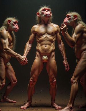 Tres hombres mutantes, han adquirido cabeza de simio, sus actitudes han evolucionado y son claramente cuadrumanas.