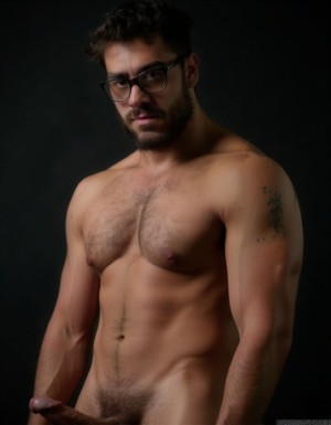 Fotografía hiperrealista de un hombre adulto musculoso a la vista desde las rodillas para arriba hasta la cabeza, rostro masculino idéntico a la imagen de referencia totalmente desnudo con polla erecta de treinta centímetros de longitud y ocho centímetros de diámetro, tiene rasgos marcados duros expresivos, barba densa poblada tupida oscura estilo hipster cubriendo completamente mandíbula mentón mejillas con grosor uniforme textura abundante muy definida, bigote denso tupido oscuro conectado perfectamente con la barba completa cubriendo completamente el labio superior, pelo oscuro medio peinado completamente recto hacia arriba con volumen considerable estilo hipster moderno quiff puntas verticales texturizadas hacia el cielo con altura prominente, cejas gruesas oscuras pobladas muy marcadas definidas, gafas de montura completa negra cuadradas grandes estilo hipster moderno sobre el puente de la nariz enmarcando unos ojos oscuros intensos que miran directamente a cámara con expresión seria penetrante confiada, expresión facial seria masculina sin sonrisa con mirada directa desafiante, pómulos marcados definidos angulares, nariz recta proporcionada, labios medios apenas visibles completamente cubiertos por bigote denso que conecta con la barba hipster completa, torso desnudo muy musculoso con pectorales enormes desarrollados y definidos y velludos peludos, hombros anchos musculosos deltoide prominentes, brazos musculosos gruesos con bíceps y tríceps marcados visibles a ambos lados del cuerpo, abdomen tonificado marcado visible desde la cintura, piel con textura realista detallada poros imperfecciones sutiles, vello corporal denso oscuro abundante cubriendo pectorales abdomen brazos hombros con textura natural masculina muy visible, tatuaje en tinta negra en el bíceps del brazo derecho con la palabra exacta a la vista "hipsterbarba" en tipografía negra sans-serif clara legible tatuada sobre la piel del brazo de tamaño mediano visible proporcionado, iluminación dramática lateral direccional que crea contraste alto marcado entre luces brillantes y sombras profundas resaltando la estructura facial angular la barba hipster densa las gafas cuadradas grandes el vello corporal abundante la musculatura del torso los brazos y el tatuaje con la palabra a la vista: "hipsterbarba" en el bíceps derecho, fondo completamente oscuro negro liso uniforme desenfocado sin distracciones, fotografía de alto contraste con grano fotográfico sutil visible estilo retrato hipster masculino fitness, enfoque nítido absoluto perfecto en el rostro especialmente en los ojos detrás de las gafas la barba hipster densa el bigote tupido el pelo vertical el vello corporal el torso musculoso y el tatuaje con la palabra a la vista: "hipsterbarba" en el brazo derecho, encuadre vertical desde la cintura hacia arriba mostrando completamente todo el torso superior los brazos musculosos y la cabeza, calidad fotográfica hiperrealista 8K máxima definición detalle extremo, renderizado cinematográfico fotorrealista profesional. Está totalmente desnudo.