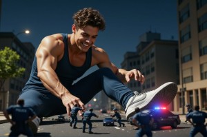 Hiper-realista render, hombre gigante musculoso de 22 años, físico imponente y atlético, vestido con chandal deportivo ajustado y zapatillas Nike de alta calidad, sonriendo con confianza y satisfacción, aplastando a un grupo de hombres diminutos que miden 1cm, policías uniformados con rostros de miedo y desesperación, con sus vehículos y equipo de policía también miniaturizados, en un entorno urbano con edificios y coches a escala normal, iluminación dramática y sombras profundas, texturas detalladas y realistas, foco en la escena de aplastamiento con los policías diminutos intentando escapar, expresiones faciales detalladas y emotivas, ambiente de poder y dominación, renderizado de alta calidad con luces y sombras realistas.
