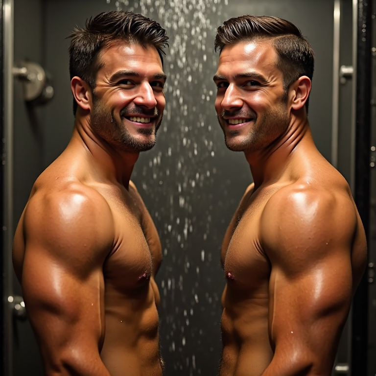 Hombres muy atractivos y musculosos en la ducha del gimnasio, agua cayendo sobre sus cuerpos tonificados, gotas de agua resbalando sobre su piel bronceada, músculos definidos, torsos desnudos, cabello mojado y peinado hacia atrás, sonrisas confiadas y expresiones sensuales, luz cálida y vaporosa del gimnasio, ambiente relajado y sensual, foco en la desnudez y la sensualidad, detalles realistas de la piel y el agua, iluminación suave y cálida, hombres disfrutando del momento, cuerpos atléticos y atractivos, escena íntima y provocativa.