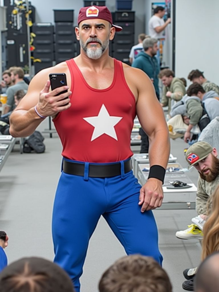 Músculos. 
Operario hetero  de una empresa de logística se hace un selfie en el almacén delante de sus compañeros, lleva un pantalón prieto azul marcando paquete y una camiseta de tirantes del capitán América marcando musculatura, es maduro con cabello y barba blancos. 