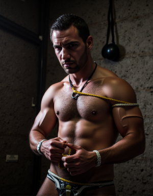 Hombre atado con cuerdas en una mazmorra, bondage