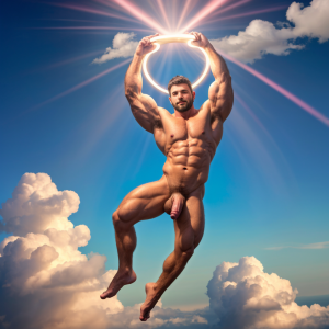 Hombre de 36 años de edad, totalmente desnudo, enseñando sus músculos bíceps de los brazos. Está rodeado de nubes blancas en un cielo azul. Tiene pene grande y tiene testículos peludos prominentes. Tiene aro luminoso en su cabeza, irradiando bondad. Está sobre nubes blancas exponiendo su cuerpo musculoso. Está volando entre nubes. Es muy esbelto y muy elegante. Es muy atractivo. Está volando entre nubes, y flotando en el cielo. Está totalmente desnudo exhibiendo sus genitales hermosos y bonitos. Sus pies son bonitos