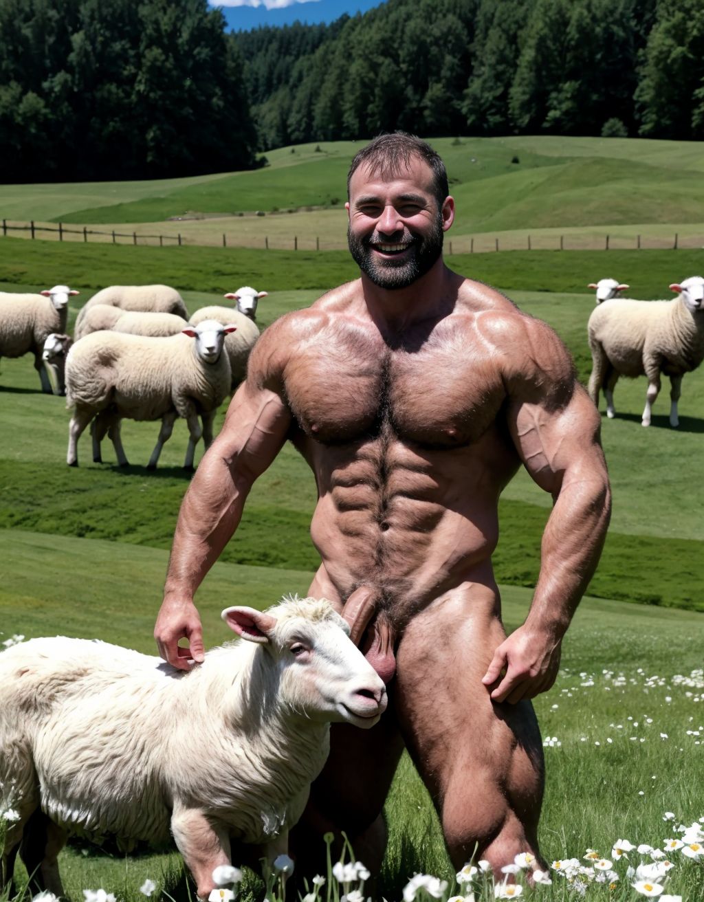 Dos hombres desnudos musculosos velludos están son pastores de ovejas en el prado verde. Están contentos y alegres. Tienen el pene grande de donde sale mucho semen líquido blanco. Tienen los testículos grandes y peludos.