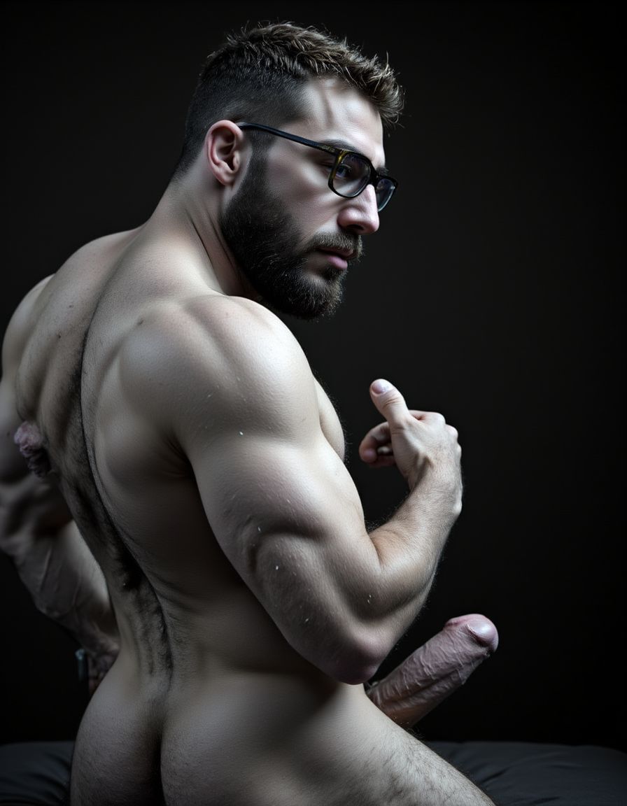 Fotografía hiperrealista en blanco y negro de un hombre adulto musculoso a la vista desde los pies hasta la cabeza, tiene cuerpo muy delgado con músculos marcados y definidos, rostro masculino, está totalmente desnudo con polla erecta de treinta centímetros de longitud y ocho centímetros de diámetro, tiene rasgos marcados duros expresivos, barba densa poblada tupida oscura estilo hipster cubriendo completamente mandíbula mentón mejillas con grosor uniforme textura abundante muy definida, bigote denso tupido oscuro conectado perfectamente con la barba completa cubriendo completamente el labio superior, pelo oscuro medio peinado completamente recto hacia arriba con volumen considerable estilo hipster moderno quiff puntas verticales texturizadas hacia el cielo con altura prominente, cejas gruesas oscuras pobladas muy marcadas definidas, gafas de montura completa negra cuadradas grandes estilo hipster moderno sobre el puente de la nariz enmarcando unos ojos oscuros intensos que miran directamente a cámara con expresión seria penetrante confiada, expresión facial seria masculina sin sonrisa con mirada directa desafiante, pómulos marcados definidos angulares, nariz recta proporcionada, labios medios apenas visibles completamente cubiertos por bigote denso que conecta con la barba hipster completa, torso desnudo muy musculoso con pectorales enormes desarrollados y definidos, hombros anchos musculosos deltoide prominentes, brazos musculosos marcados y bien definidos con bíceps y tríceps marcados visibles a ambos lados del cuerpo, abdomen tonificado marcado visible con cintura delgada marcada, piel con textura realista detallada poros imperfecciones sutiles, vello corporal denso oscuro abundante cubriendo pectorales abdomen brazos hombros con textura natural masculina muy visible. Tiene un  tatuaje en tinta negra en el bíceps del brazo derecho en tipografía negra sans-serif de tamaño mediano y proporcionado de forma clara y legible sobre la piel del bíceps del brazo derecho con las siguientes letras: hipsterbarba. Iluminación dramática lateral direccional que crea contraste alto marcado entre luces brillantes y sombras profundas resaltando la estructura facial angular la barba hipster densa las gafas cuadradas grandes el vello corporal abundante la musculatura del torso los brazos.  Tiene un  tatuaje en tinta negra en el bíceps del brazo derecho en tipografía negra sans-serif de tamaño mediano y proporcionado de forma clara y legible sobre la piel del bíceps del brazo derecho con las siguientes letras: hipsterbarba. Fondo completamente oscuro negro liso uniforme desenfocado sin distracciones, fotografía analógica en color de alto contraste con grano fotográfico sutil visible estilo retrato hipster masculino fitness, enfoque nítido absoluto perfecto en el rostro especialmente en los ojos detrás de las gafas la barba hipster densa el bigote tupido el pelo vertical el vello corporal el torso con músculos muy marcados y muy definidos. Tiene un  tatuaje en tinta negra en el bíceps del brazo derecho en tipografía negra sans-serif de tamaño mediano y proporcionado de forma clara y legible sobre la piel del bíceps del brazo derecho con las siguientes letras: hipsterbarba. Imagen con encuadre vertical desde los pies hasta la cabeza mostrando los pies desnudos las piernas peludas el pene erecto los testículos colgando con su escroto bajo todo el torso peludo los brazos musculosos peludos y la cabeza con pelo oscuro medio peinado completamente recto hacia arriba con volumen considerable estilo hipster moderno quiff puntas verticales texturizadas hacia el cielo con altura prominente, calidad fotográfica hiperrealista 8K máxima definición detalle extremo, renderizado cinematográfico fotorrealista profesional. Tiene un  tatuaje de tinta negra en el bíceps del brazo derecho en tipografía negra sans-serif de tamaño mediano de forma clara y legible sobre la piel del bíceps del brazo derecho con las siguientes letras: hipsterbarba
