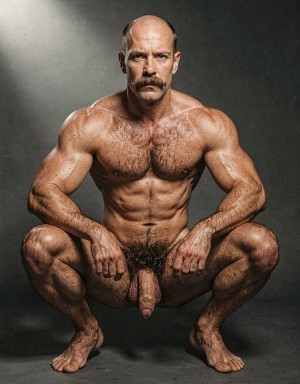 Mike Morris, a 32-year-old extremely lean Caucasian male with only 8% body fat, stands completely naked in a strict military attention pose captured in a full-body three-quarter view at a slight 45-degree angle. The shot runs from the tips of his size 44 slightly hairy feet all the way up to the top of his bald head, showing his entire body without any cropping. His physique is dry, vascular and powerfully defined: massive square pectorals covered in dense dark brown chest hair forming a thick T-pattern, sharply carved six-pack abs, narrow waist, wide flaring lats, and thick muscular thighs with dense dark hair. Dramatic directional studio lighting falls from high and slightly to the left, creating bright highlights on his tanned skin, the texture of his dense body hair across his chest, lower back and legs, and deep shadows that accentuate every muscle separation and vein. His advanced Norwood III-IV bald scalp is clearly visible, with short dense dark brown hair only on the sides and back of his head. His square, angular face with prominent jaw, thick dark handlebar mustache, heavy brows and intense deep-set brown eyes stares straight ahead with a serious, commanding expression. His penis is fully visible, completely natural and realistic: thick, 24 cm long when erect, with natural upward curve, prominent veins along the shaft, long foreskin that partially covers the pink-red glans, and realistic skin texture noticeably lighter than his bronzed body. Below it hang his large, low-hanging testicles with wrinkled darker skin and dense dark brown hair. The extremely thick, curly dark brown pubic bush climbs almost to his navel and spreads generously around the base of his cock and balls. Every detail from his veined hands and forearms to his diamond calves and hairy toes is perfectly proportioned and anatomically correct. Photorealistic, high-contrast, masculine 1970s Colt Studio aesthetic with subtle grainy film texture. . Está agachado. 
