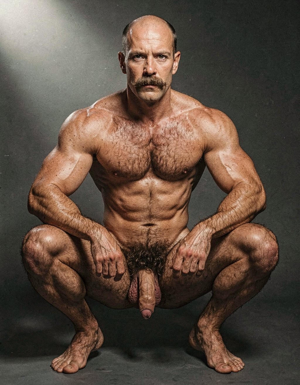 Mike Morris, a 32-year-old extremely lean Caucasian male with only 8% body fat, stands completely naked in a strict military attention pose captured in a full-body three-quarter view at a slight 45-degree angle. The shot runs from the tips of his size 44 slightly hairy feet all the way up to the top of his bald head, showing his entire body without any cropping. His physique is dry, vascular and powerfully defined: massive square pectorals covered in dense dark brown chest hair forming a thick T-pattern, sharply carved six-pack abs, narrow waist, wide flaring lats, and thick muscular thighs with dense dark hair. Dramatic directional studio lighting falls from high and slightly to the left, creating bright highlights on his tanned skin, the texture of his dense body hair across his chest, lower back and legs, and deep shadows that accentuate every muscle separation and vein. His advanced Norwood III-IV bald scalp is clearly visible, with short dense dark brown hair only on the sides and back of his head. His square, angular face with prominent jaw, thick dark handlebar mustache, heavy brows and intense deep-set brown eyes stares straight ahead with a serious, commanding expression. His penis is fully visible, completely natural and realistic: thick, 24 cm long when erect, with natural upward curve, prominent veins along the shaft, long foreskin that partially covers the pink-red glans, and realistic skin texture noticeably lighter than his bronzed body. Below it hang his large, low-hanging testicles with wrinkled darker skin and dense dark brown hair. The extremely thick, curly dark brown pubic bush climbs almost to his navel and spreads generously around the base of his cock and balls. Every detail from his veined hands and forearms to his diamond calves and hairy toes is perfectly proportioned and anatomically correct. Photorealistic, high-contrast, masculine 1970s Colt Studio aesthetic with subtle grainy film texture. . Está agachado. 
