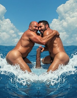 Dos hombres de 60 años de edad musculosos pero delgados y con músculos definidos, abdominales definidos y pectorales definidos con pezones grandes. Tienen pene y testículos grandes muy definidos y bronceados. Tienen mucho vello y pelo moreno en todo su cuerpo desde la cabeza hasta sus pies. Uno de ellos está agachado e inclinado con la cabeza hacia adelante y con el ano abierto, el otro se acerca por detrás con su gran pene erecto. Están rodeados de grandes olas de agua azul con espuma y de un cielo azul con muchas nubes blancas. Se abrazan apasionadamente mientras sus penes erectos se unen en posición vertical se rozan a todo lo largo de ellos con gran fuerza, algo que se ven con toda claridad muy a la vista de todos y de frente