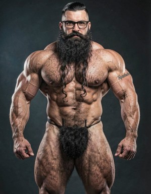 A highly detailed full-body nude photograph of a 40-year-old dominant muscle bear named Hipsterbarba, standing confidently in a well-lit studio with dramatic lighting that accentuates every muscle. He is 180cm tall, 80kg with 8% body fat, extremely muscular and symmetrical. Massive rounded hairy pecs with clear separation and dark pointed nipples, shredded six-pack abs with deep cuts and visible obliques forming a strong V-taper, wide shoulders, vascular arms, huge quads and defined legs. Very dense black masculine body hair covering his chest, running down in a thick treasure trail to a very bushy dark pubic area. He has a perfectly groomed long Bandholz beard that reaches mid-chest, thick mustache with curled upward spiral ends, modern high fade undercut hairstyle, black hipster glasses, and a small tattoo on his right bicep that reads 