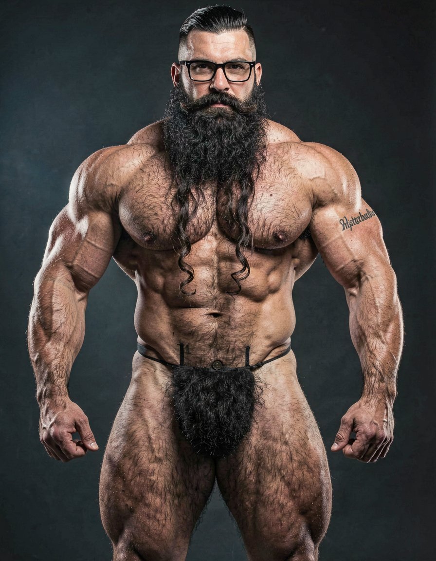 A highly detailed full-body nude photograph of a 40-year-old dominant muscle bear named Hipsterbarba, standing confidently in a well-lit studio with dramatic lighting that accentuates every muscle. He is 180cm tall, 80kg with 8% body fat, extremely muscular and symmetrical. Massive rounded hairy pecs with clear separation and dark pointed nipples, shredded six-pack abs with deep cuts and visible obliques forming a strong V-taper, wide shoulders, vascular arms, huge quads and defined legs. Very dense black masculine body hair covering his chest, running down in a thick treasure trail to a very bushy dark pubic area. He has a perfectly groomed long Bandholz beard that reaches mid-chest, thick mustache with curled upward spiral ends, modern high fade undercut hairstyle, black hipster glasses, and a small tattoo on his right bicep that reads 