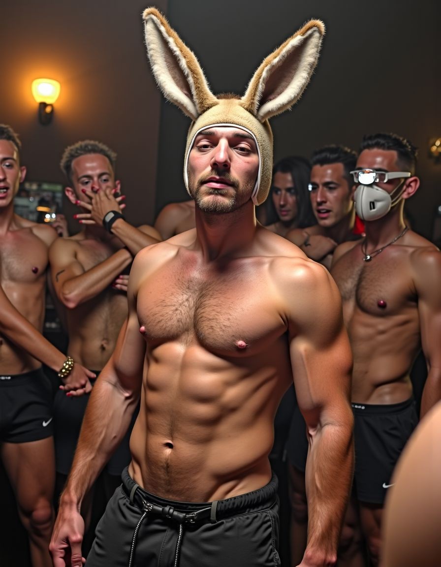 Un novio en una despedida de soltero, sin vello y muy musculoso, llevando sombrero de orejas de burro, es obligado a desnudarse delante de sus compañeros que lo humillan y le tiran objetos encima

3