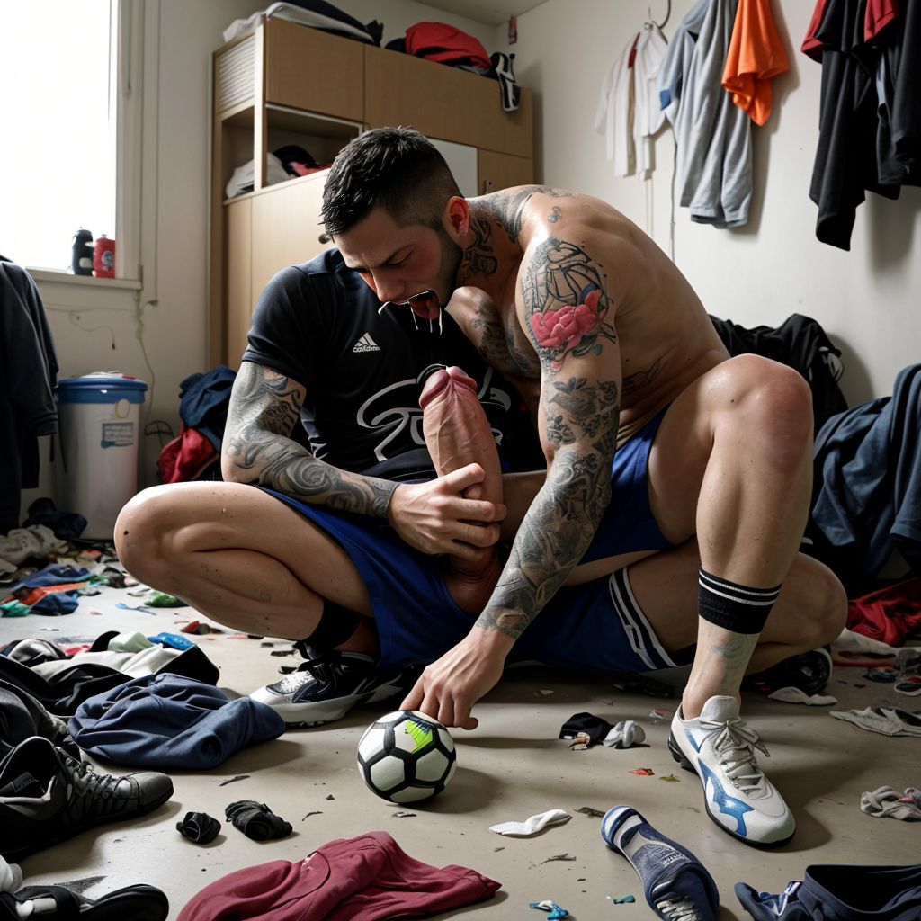 hombre de 35 años chupando el pene de un joven de 20 años  futbolista muy sudado  y tatuad, de fondo una  habitación muy desordenada con ropa y basura tirada por el lugar 