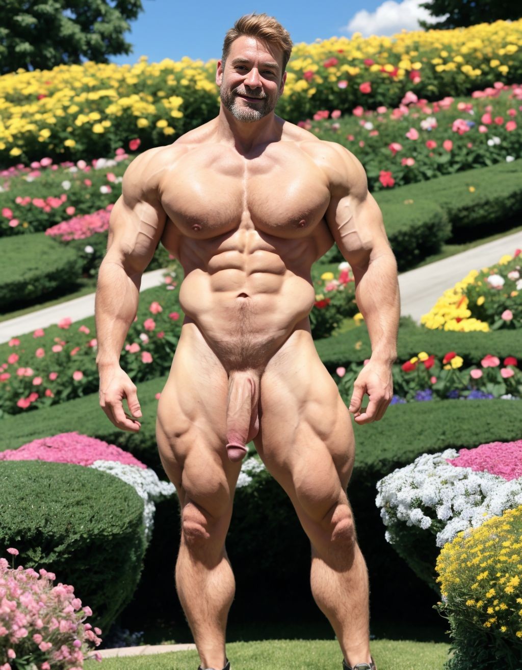 Hombre de  50 años, moreno, desnudo, delgado, con pene erecto, testículos grandes y velludos, pecho y brazos velludos, cara delgada, cabello rubio, mostrando trasero perfecto, testículos visibles, muy atractivo y viril, cuerpo completo. Lleva sandalias en sus pies. Está parado en el campo florido. Su cara tiene mentón grande y con hoyete. Hombre culturista, músculos muy definidos. Está inclinado hacia adelante para enseñar sus músculos definidos. Tienes grandes pezones y alargados.