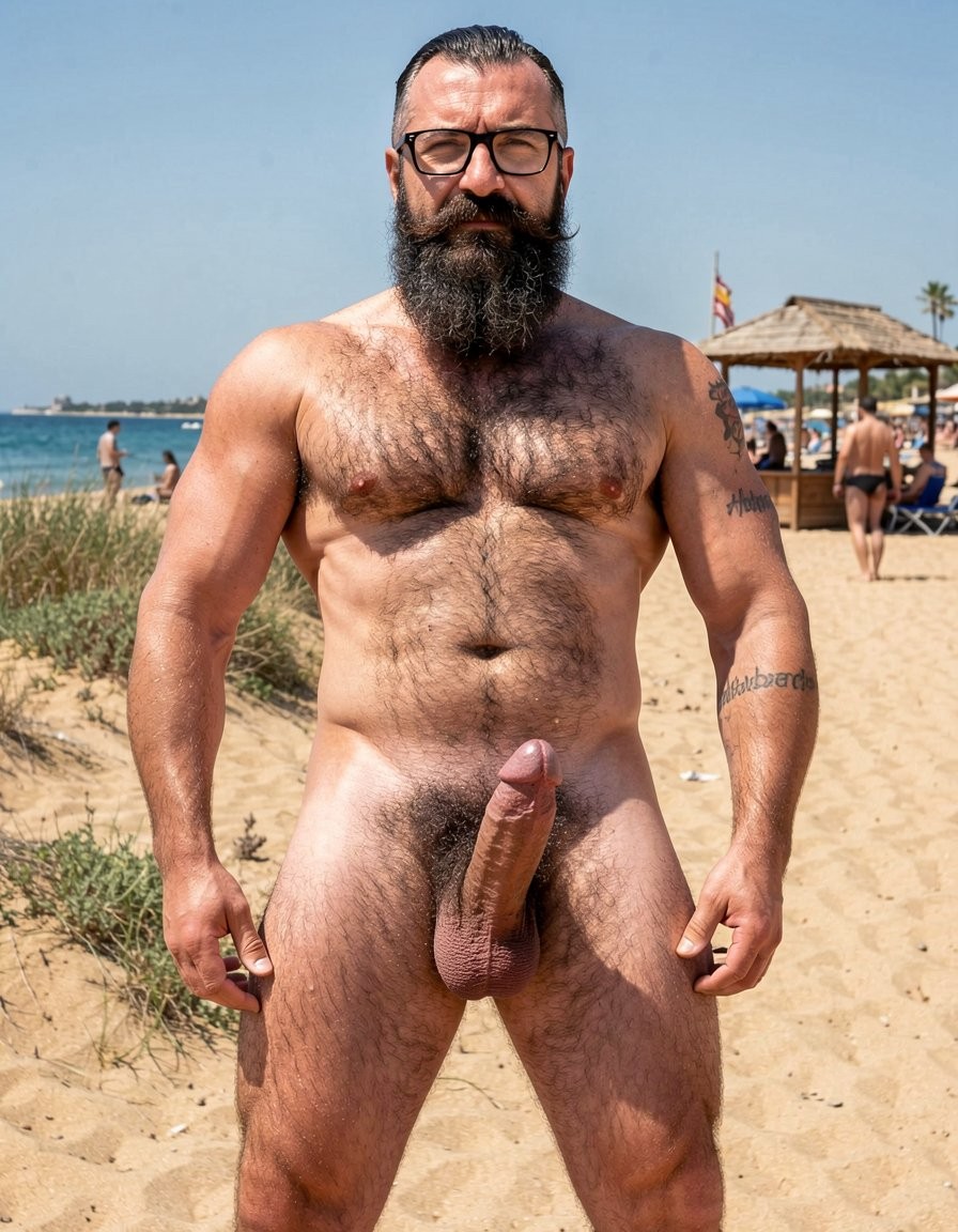 Hombre desnudo de pie sobre la arena de una playa, mirando de frente con postura firme y brazos relajados a los lados. Tiene barba larga y espesa, pelo corto oscuro, gafas negras, pecho y abdomen muy velludos, complexión robusta y musculosa, con tatuajes visibles en los brazos. Su pene cuelga claramente en primer plano, sin ropa ni accesorios que lo cubran. Al fondo aparecen el mar azul, dunas con vegetación, sombrillas de paja, tumbonas y otras personas en la playa, creando una escena soleada y costera de ambiente naturista.