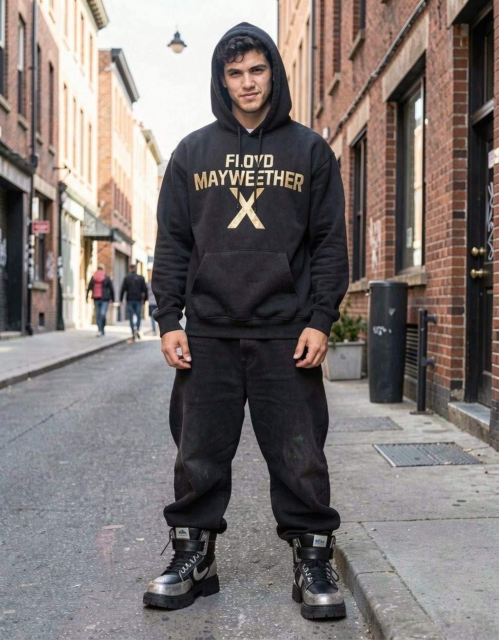 A young man standing in the middle of a narrow urban street poses facing forward with a calm attitude, wearing a black hoodie with the hood up and the text “Floyd Mayweather” next to a large golden “X” on the chest. He wears loose black sporty-style pants and tall black boots with gray details, giving a casual streetwear look. The background shows brick buildings and old façades on both sides, a stone sidewalk, dark doors and windows, as well as several people walking blurred in the background, reinforcing the atmosphere of a central neighborhood, urban fashion, and outdoor portrait photography.