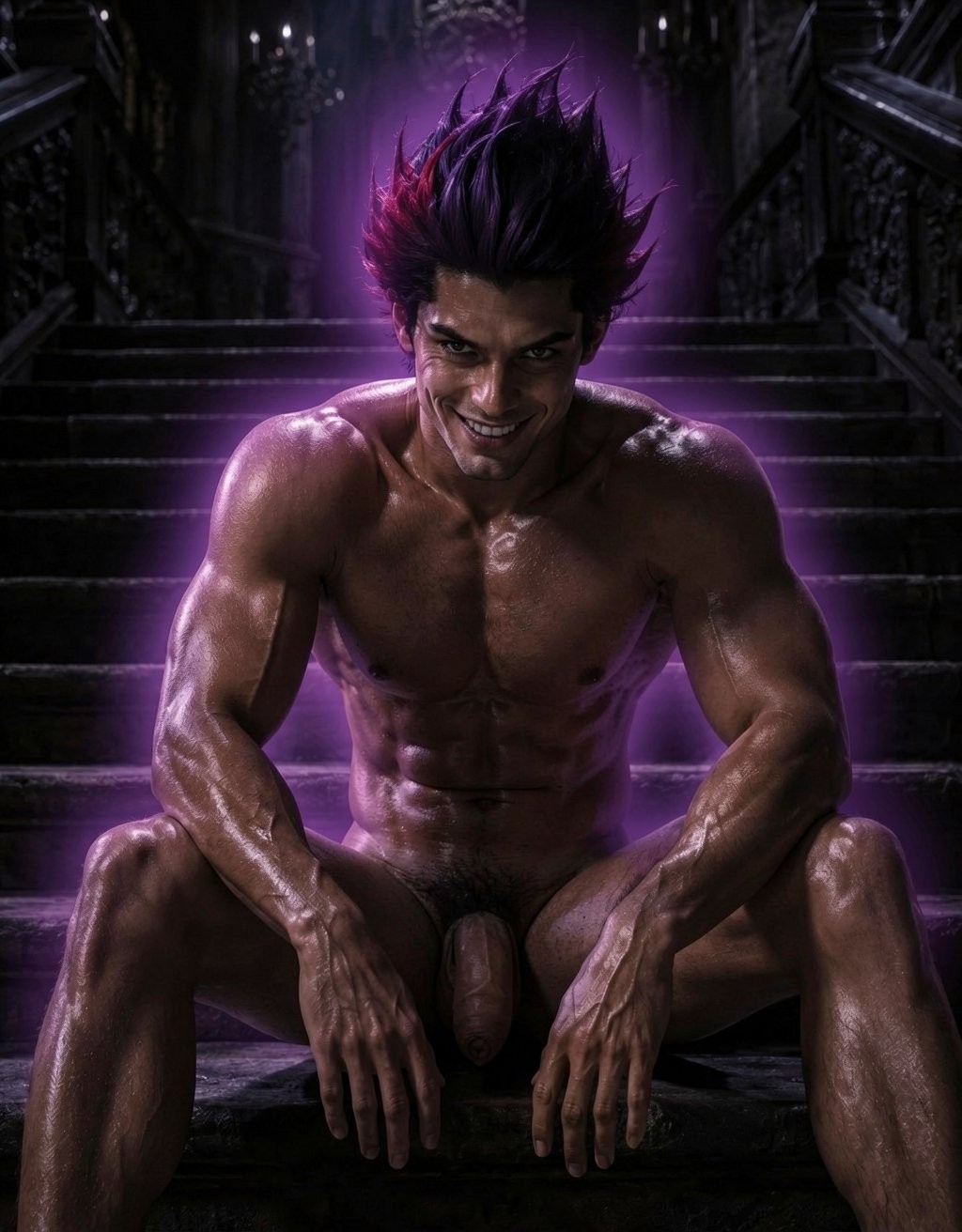 A naked, very muscular man is sitting with his legs spread on dark, Gothic-looking stairs, his torso gleaming as if covered in sweat or oil and an intense, defiant expression. His black, spiky, voluminous hair is lit by a purple glow that surrounds his body like a supernatural aura. His anatomy is marked by defined abs, veiny arms, and a powerful chest, while his penis is visible between his thighs. The shadowy background, ornate railings, and purple light create an atmosphere of dark fantasy, demonic strength, and aggressive sensuality.