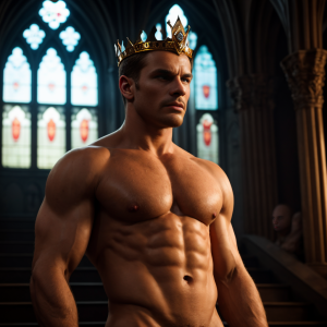 A muscular shirtless man poses with a serious and dominant expression inside a Gothic cathedral, wearing an ornate golden crown that gives him the appearance of a king or monarch. His athletic torso is highly defined, with marked pectorals, visible abs, and strong arms illuminated by dramatic light entering through large pointed-arch stained-glass windows in the background. The interior architecture, with dark columns, carved details, and colorful windows, creates a solemn, medieval, and ceremonial atmosphere. The composition combines royal fantasy aesthetics, physical power, and authority, highlighting the contrast between the illuminated skin, the shining metal of the crown, and the sacred, shadowy environment.