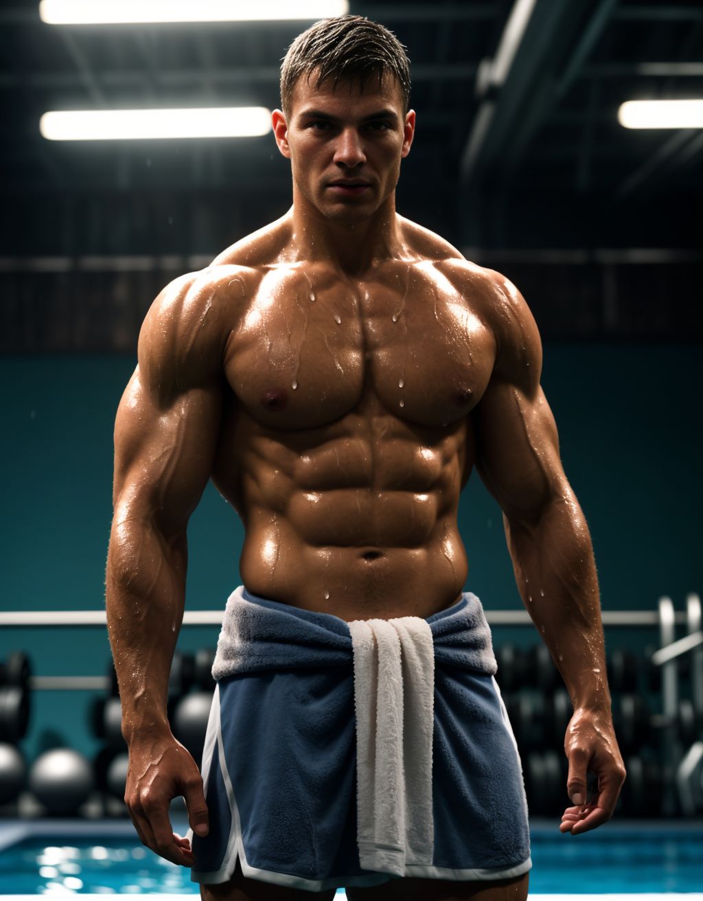 Hombre musculoso de 28 años, jugador de fútbol, cubierto de gotas de agua, parado en un gimnasio, físico atlético, torso desnudo, toalla húmeda en la cintura, piel brillante, sombras dramáticas, expresión serena y cansada, estilo fotorealista, texturas húmedas, fondo desenfocado, enfoque en la forma poderosa del jugador.