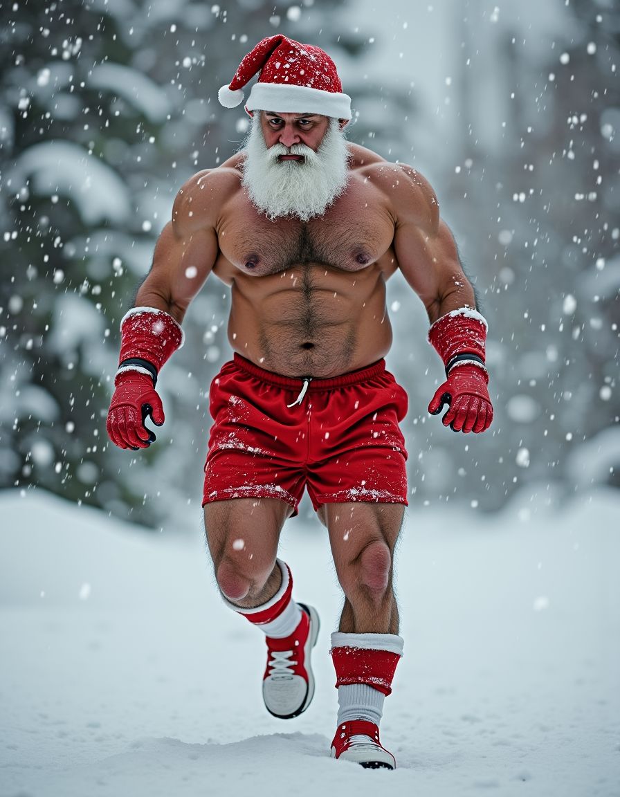 La Navidad. Papá Noel es un hombre de 40 años, atleta, está delgado y tiene músculos marcados y definidos, es muy varonil, tiene barba blanca abundante. Solo tiene el gorro de papá Noel porque está totalmente desnudo enseñando su musculatura de atleta y bronceada, tiene mucho vello blanco que cubre sus músculos pectorales y el abdomen y también en sus piernas. Tiene sandalias blancas en sus pies. Barba abundante blanca de papá Noel. Es el Papá Noel del año 2025, con mucha alegría y mucho sexo gay. Aspecto muy masculino salvaje. Pene erecto de 20cm de longitud y 8cm de diámetro. Abundante vello blanco por todo el cuerpo. Está andando sobre la nieve con sus botas blancas, mientras su pene erecto se balancea entre sus piernas y sus testículos botan. Está desnudo y está masturbando su pene hasta eyacular moviendo los testículos a la misma vez