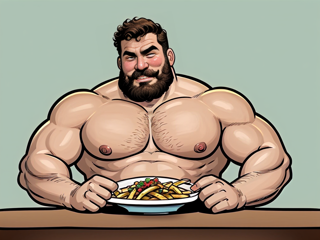 Un hombre corpulento y robusto, completamente desnudo, tumbado de forma relajada sobre una mesa. A su alrededor, se encuentra un plato con patatas fritas crujientes y un tazón de cremosa mayonesa, que disfruta pausadamente. La escena se centra en su disfrute y desinhibición, capturando un momento de placer indulgente.