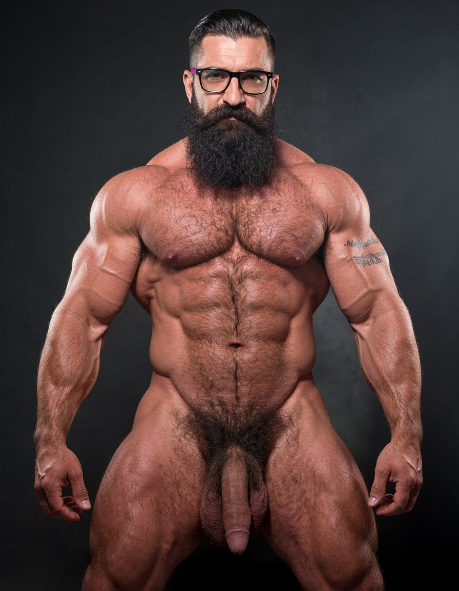A highly detailed full-body nude photograph of a 40-year-old dominant muscle bear named Hipsterbarba, standing confidently in a well-lit studio with dramatic lighting that accentuates every muscle. He is 180cm tall, 80kg with 8% body fat, extremely muscular and symmetrical. Massive rounded hairy pecs with clear separation and dark pointed nipples, shredded six-pack abs with deep cuts and visible obliques forming a strong V-taper, wide shoulders, vascular arms, huge quads and defined legs. Very dense black masculine body hair covering his chest, running down in a thick treasure trail to a very bushy dark pubic area. He has a perfectly groomed long Bandholz beard that reaches mid-chest, thick mustache with curled upward spiral ends, modern high fade undercut hairstyle, black hipster glasses, and a small tattoo on his right bicep that reads 