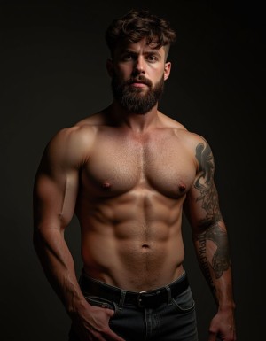 Hombre blanco de unos 35 años, complexión atlética y musculosa, torso desnudo, tatuajes en el brazo derecho y el pecho, vello corporal natural en el pecho y abdomen, abdominales marcados, expresión seria y dominante mirando directamente a cámara, mandíbula cuadrada, barba poblada de varios días, pelo castaño oscuro corto y algo despeinado, venas marcadas en los antebrazos, vaqueros oscuros caídos en la cadera, cinturón de cuero negro, iluminación dura y contrastada desde un lado, fondo oscuro neutro, fotografía estilo retrato masculino editorial.