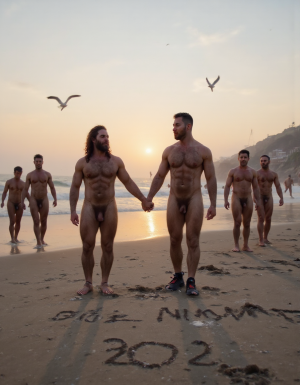 Día de Año Nuevo 2026. Dos hombres llamados Juan y Pedro, tienen calzado pero están totalmente desnudos. 

Juan es un hombre de 50 años de edad, muy atlético y tiene sus músculos muy definidos y es muy peludo, está totalmente desnudo, tiene un pene largo erecto de 36cm de longitud y 9cm de diámetro, tiene cabello negro largo ondulado y desordenado, tiene mucho vello pectoral, tiene piernas masculinas con abundante vello, tiene brazos peludos,  su cara tiene forma cuadrada tiene mentón prominente con hoyuelo muy pronunciado y muy masculino, su barba está bien afeitada y su cara está muy limpia resaltando sus facciones masculinas. 

Pedro es un hombre de 58 años de edad con músculos marcados sin grasa, está totalmente desnudo, tiene un pene largo de 39 cm de longitud y 9 cm de diámetro, tiene cabello pelirrojo rizado abundante y largo de color rojo, tiene abundante vello pelirrojo pectoral de color rojo oscuro en abundancia, tiene piernas masculinas con mucho vello, tiene brazos peludos y muy masculinos. Pedro tiene presencia atlética y es muy peludo, mucho pelo por todo su cuerpo. 

Pedro y Juan enseñan sus músculos muy marcados y bien definidos, están de pie cogidos de la mano en la arena de la playa con olas azules y con el Sol amaneciendo reflejándose los primeros rayos del Sol sobre el agua del mar al amanecer mientras vuelan dos gaviotas. En la arena de la playa está trazado el texto: "Feliz Año Nuevo 2026” en español. 

Cerca de Juan y Pedro hay tres hombres musculosos y peludos y totalmente desnudos con sus penes erectos, están andando sobre la arena de la playa riendo y saludando con las manos en alto. 

Pedro está con el esfínter del culo abierto. Juan mete su pene por el esfínter del culo de Pedro ((Imagen de alta definición, imagen calidad 4K, UHD)). Dentro del culo de Pedro está a medio meter el pene de Juan. Juan tiene su pene dentro del culo de Pedro. Sexo anal duro y apasionado.