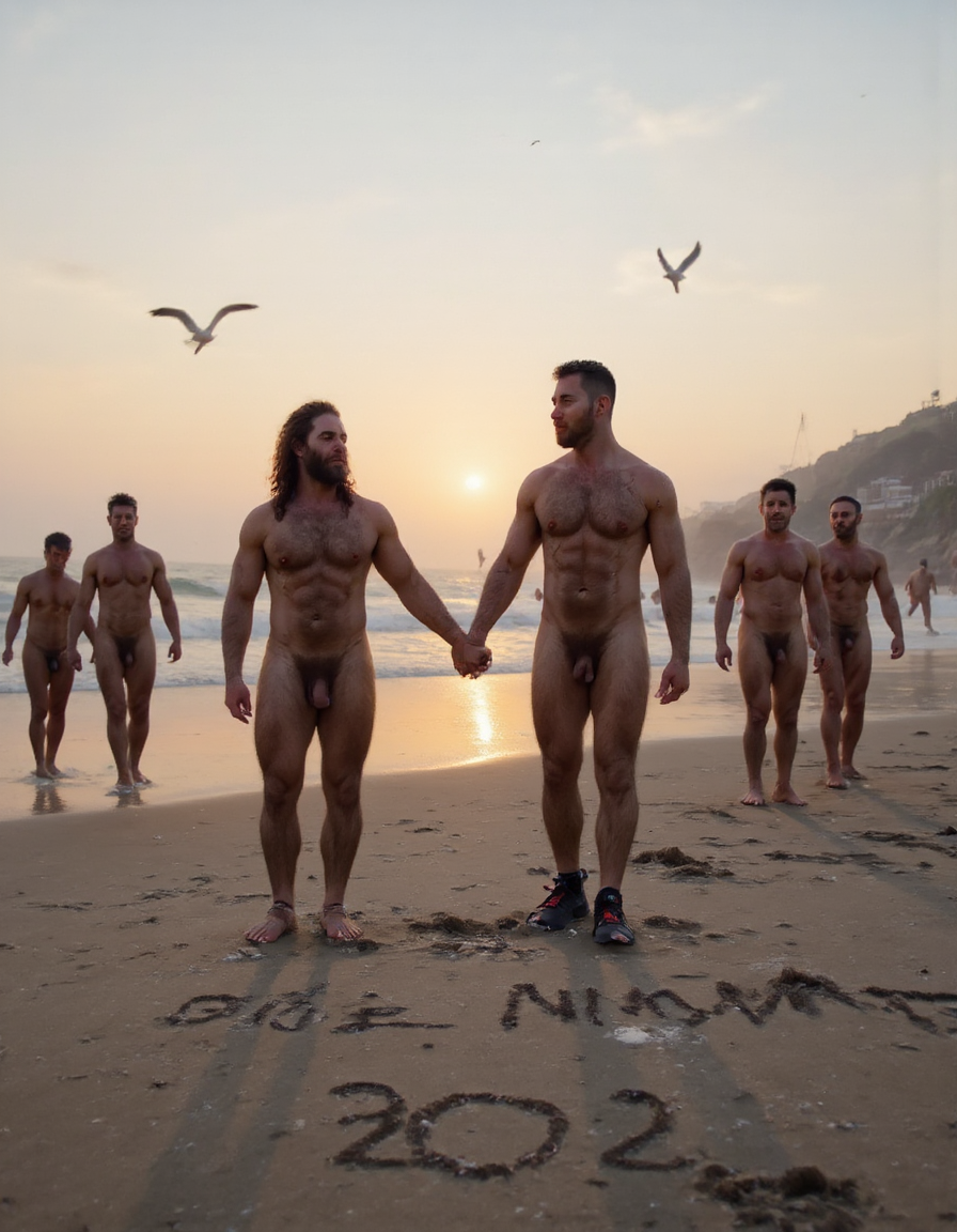 Día de Año Nuevo 2026. Dos hombres llamados Juan y Pedro, tienen calzado pero están totalmente desnudos. 

Juan es un hombre de 50 años de edad, muy atlético y tiene sus músculos muy definidos y es muy peludo, está totalmente desnudo, tiene un pene largo erecto de 36cm de longitud y 9cm de diámetro, tiene cabello negro largo ondulado y desordenado, tiene mucho vello pectoral, tiene piernas masculinas con abundante vello, tiene brazos peludos,  su cara tiene forma cuadrada tiene mentón prominente con hoyuelo muy pronunciado y muy masculino, su barba está bien afeitada y su cara está muy limpia resaltando sus facciones masculinas. 

Pedro es un hombre de 58 años de edad con músculos marcados sin grasa, está totalmente desnudo, tiene un pene largo de 39 cm de longitud y 9 cm de diámetro, tiene cabello pelirrojo rizado abundante y largo de color rojo, tiene abundante vello pelirrojo pectoral de color rojo oscuro en abundancia, tiene piernas masculinas con mucho vello, tiene brazos peludos y muy masculinos. Pedro tiene presencia atlética y es muy peludo, mucho pelo por todo su cuerpo. 

Pedro y Juan enseñan sus músculos muy marcados y bien definidos, están de pie cogidos de la mano en la arena de la playa con olas azules y con el Sol amaneciendo reflejándose los primeros rayos del Sol sobre el agua del mar al amanecer mientras vuelan dos gaviotas. En la arena de la playa está trazado el texto: 