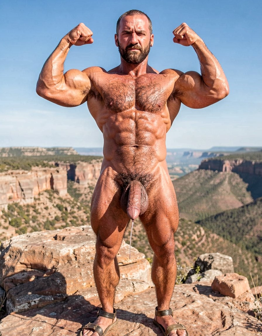 A muscular, naked man stands posing on rocks in a desert canyon landscape, flexing both arms in a bodybuilding pose that highlights his biceps, shoulders, pectorals, defined abs, and very well-defined legs. He has a short beard, cropped dark hair, and a serious expression as he looks straight at the camera. His torso and pubic area show abundant body hair, and his penis hangs visible between his legs. He wears only sandals, with a clear blue sky and enormous rock formations, cliffs, and valleys in the background, creating a scene of physical strength, outdoor nudity, and an arid natural environment.