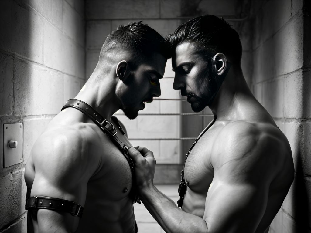 Dos hombres atrapados en una celda, ambos usando arneses de cuero que realzan sus músculos. Desde una perspectiva en primera persona, se puede ver cómo uno de ellos se inclina, ofreciéndose con deseo, mientras el otro se prepara para dar placer, sus labios rozando delicadamente la piel. La atmósfera es cargada de tensión y pasión, con sombras dramáticas que juegan en las paredes de la celda.