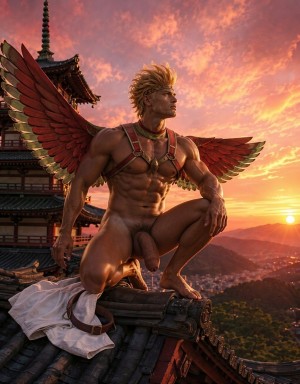 Un hombre musculoso y desnudo con grandes alas rojas y doradas posa agachado sobre el tejado de un templo japonés al atardecer, con el torso definido, arnés de cuero y metal sobre el pecho, brazaletes y un collar dorado. Su pene queda visible entre las piernas mientras apoya una mano en la rodilla y mira hacia el horizonte con expresión serena y poderosa. A su lado hay una prenda blanca caída sobre las tejas curvas. El fondo combina una pagoda tradicional, montañas, una ciudad lejana y un cielo dramático de tonos naranjas, rosas y dorados, creando una escena de fantasía épica con estética de ángel guerrero o criatura mitológica.