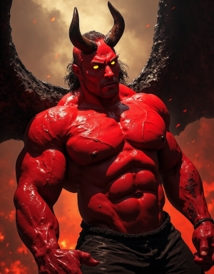 Demonio masculino desnudo con cuerpo extremadamente  musculoso y piel roja brillante, con cuernos,  en un ambiente oscuro y sulfuroso, sus ojos refulgen con un fuego infernal y sus alas oscuras se extienden hacia atrás, su mirada es lujuriosa en busca de maricas cerdos para unir a su harén infernal. 