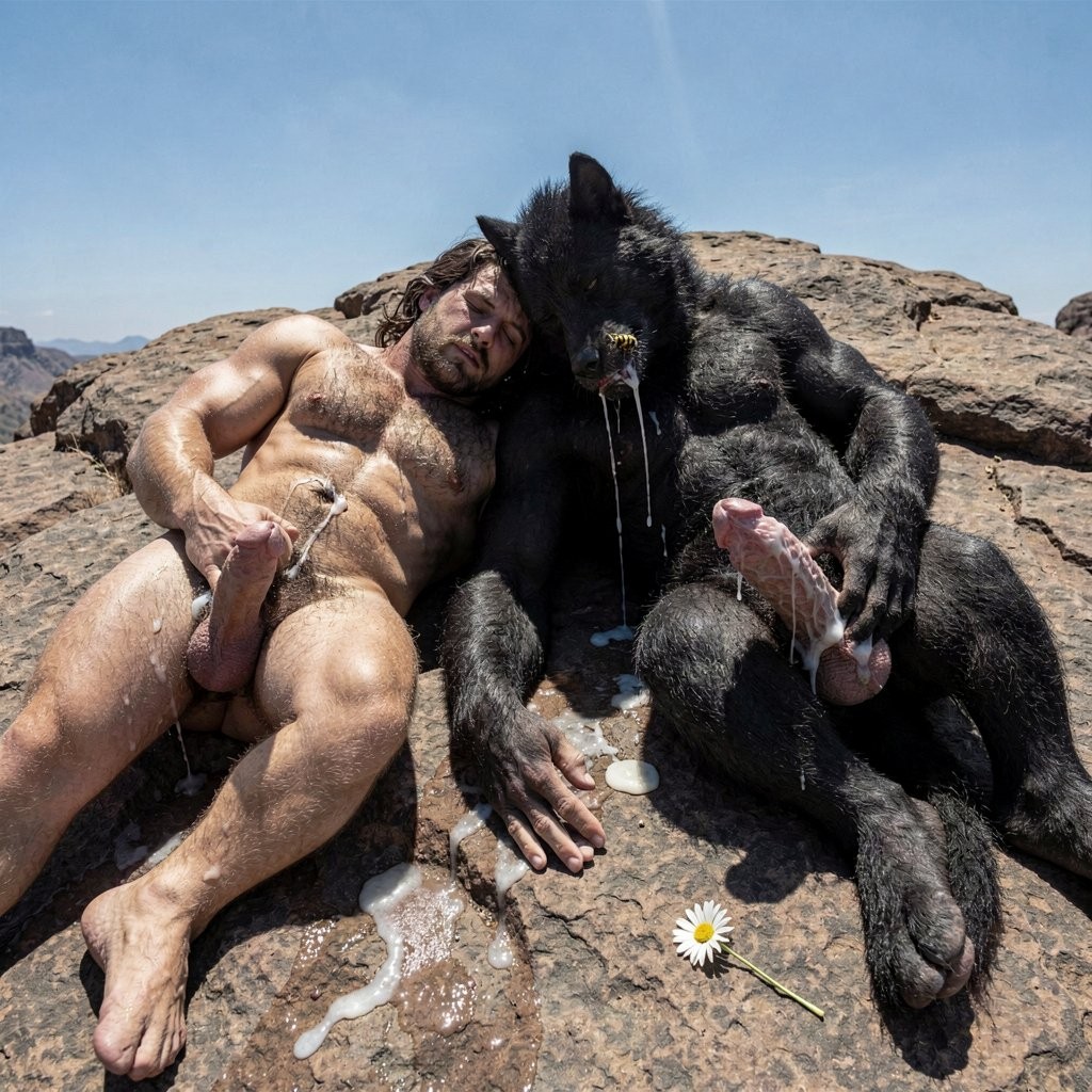 En la cima rocosa y ardiente del Cerro La Cantera, San Pablo Huitzo, Oaxaca, en el año 600 d.C., bajo un sol de mediodía implacable, Mike Morris y el enorme Hombrelobo yacen totalmente acostados en el suelo de piedra, completamente exhaustos y profundamente dormidos, con sus cuerpos hiper-musculosos entrelazados y cubiertos de sudor y semen seco. Ambos están tumbados de lado, cara contra cara, piernas enredadas y brazos pesados rodeándose en un abrazo laxo y cansado. La vista es en plano completo de cuerpo entero desde los pies hasta la cabeza, ligeramente elevada para mostrar con total claridad sus figuras completas.

Mike Morris, con su físico old school ultra musculoso y sin grasa, tiene el denso vello castaño oscuro empapado y pegado a la piel bronceada. Su polla gruesa está completamente flácida pero sigue siendo grande y pesada, descansando sobre su muslo y cubierta de lefa espesa y seca. El Hombrelobo, con su cuerpo hiper-musculoso cubierto de denso pelaje negro salvaje, tiene la polla masiva todavía completamente erecta, venosa y palpitante, con gruesos hilos de lefa blanca chorreando lentamente desde el glande hinchado, bajando por todo el tronco y goteando sobre sus huevos pesados y peludos. Una abeja negra y dorada está posada directamente sobre la lefa fresca del glande del Hombrelobo, lamiéndola.

Charcos de semen mezclado brillan entre sus cuerpos y sobre la roca caliente. Sus caras relajadas muestran agotamiento absoluto, bocas entreabiertas y respiraciones lentas. Una margarita blanca pisoteada yace cerca.

Iluminación cinematográfica extrema de mediodía con sol vertical brutal: luz blanca dura cayendo directamente, creando reflejos cegadores y realistas sobre el semen viscoso, los hilos de lefa que aún chorrean, el vello mojado y el pelaje oscuro, con sombras cortas y profundas que esculpen cada músculo relajado, cada vena de las pollas y cada textura con máxima definición. Hiperrealista, fotorealista, anatomía perfecta sin deformaciones, detalle extremo en el vello castaño uniforme de Mike, el pelaje negro del Hombrelobo, la viscosidad de la lefa chorreante y la abeja posada en el glande. Composición completa de cuerpo entero desde los pies hasta la cabeza.