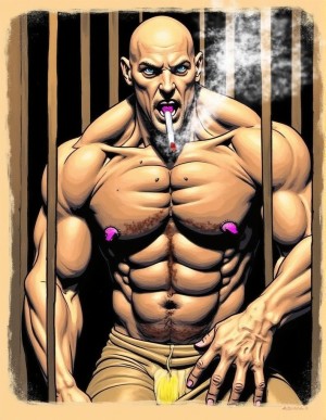 Dibujo. Presidiario muy peligrosos, es musculoso con aspecto de duro, muestra sus grandes pezones y su calzoncillo sucio tras los barrotes de la celda mientras fuma un cigariilo.