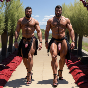 Dos hombres machos musculosos desnudos muy viriles con pene grande y testículos grandes y peludos. Caminando 10 ⛓️⛓️ 🍇 🍒 🌞 🥼 🧥 👠👠 