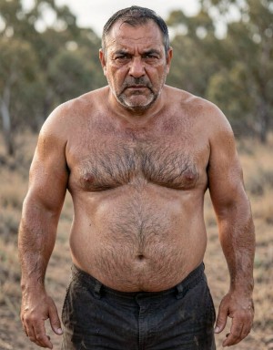 Hombre de mediana edad o mayor, robusto y corpulento, aparece de pie al aire libre con el torso desnudo, mirando fijamente a la cámara con expresión seria y rostro endurecido. Tiene el pelo corto y oscuro con canas, barba incipiente grisácea, piel bronceada y abundante vello en el pecho y abdomen. Sus brazos son fuertes y caen a ambos lados del cuerpo, mientras viste unos pantalones oscuros algo gastados. El fondo está desenfocado y muestra un paisaje seco con árboles, hierba amarillenta y luz natural cálida, creando una escena rural, áspera y directa, con una presencia física imponente y un ambiente de campo.
