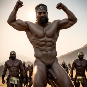 Jerjes 1º del imperio persa en el verano del año -480 marcha a pie. Hay dos luchadores que están desnudos con penes grades y testículos grandes y con mucho vello. Están en Helesponto luchando contra el rey Darío desnudo y de gran pene tieso hacia arriba. 