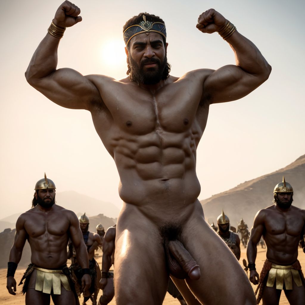 Jerjes 1º del imperio persa en el verano del año -480 marcha a pie. Hay dos luchadores que están desnudos con penes grades y testículos grandes y con mucho vello. Están en Helesponto luchando contra el rey Darío desnudo y de gran pene tieso hacia arriba. 