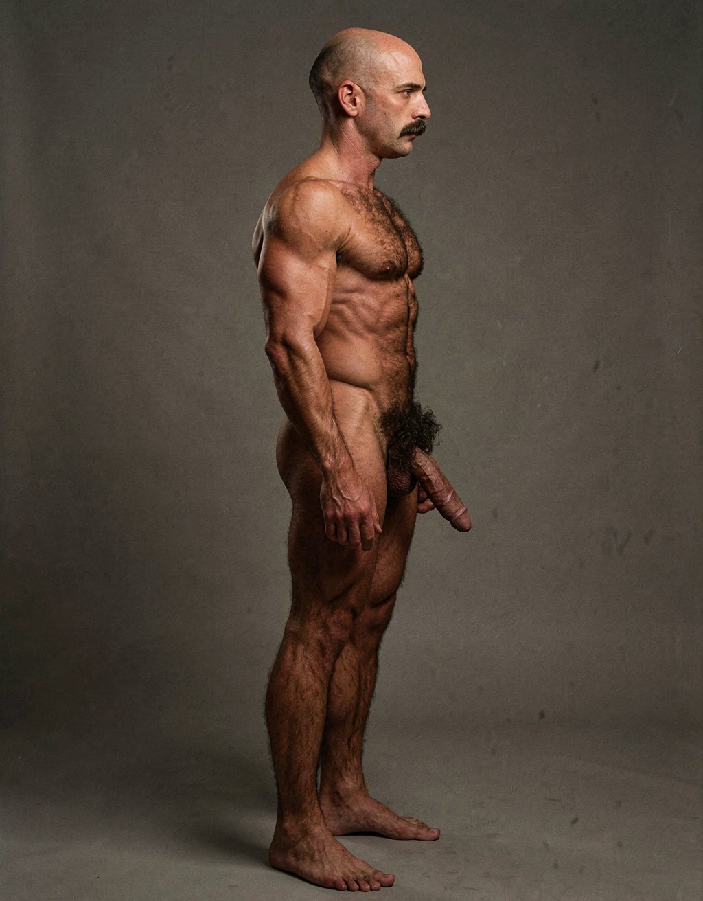 Mike Morris, a 32-year-old extremely lean Caucasian male with only 8% body fat, stands completely naked in a rigid military attention pose captured in a full-body exact side profile at 90 degrees from his right side. The shot runs uninterrupted from the tips of his size 44 slightly hairy feet all the way up to the top of his bald head, showing his entire body without any cropping whatsoever. His physique is dry, highly vascular and powerfully defined: massive square pectorals seen in perfect side silhouette, dense dark brown chest hair forming a thick T-pattern that continues across his shoulders and back, sharply carved six-pack abs in clear profile, narrow waist, wide flaring lats, powerful thighs and diamond-shaped calves covered in the same dark hair. Dramatic directional studio lighting falls from high and slightly in front of him, creating strong rim lighting that traces every sharp edge of his muscular outline, accentuating the texture of his dense dark body hair on chest, shoulders, lower back, ass and legs, while producing deep shadows that highlight every muscle separation, vein and the extreme dryness of his 8% body fat. His advanced Norwood III-IV bald scalp is clearly visible under the light, with very short dense dark brown hair only on the sides and back of his head. His square, angular face is shown in pure right profile: strong jawline, prominent chin with slight central dimple, thick well-groomed dark handlebar mustache, heavy brow and intense deep-set brown eye staring straight forward with a serious, commanding expression. His penis is fully and clearly visible in perfect side view, completely natural and anatomically correct: thick, 24 cm long when fully erect, with a natural slight upward curve, prominent dorsal veins running along the shaft, long foreskin that partially covers the pink-red glans, and noticeably lighter skin tone than the rest of his bronzed body. Below it hang his large, low-hanging testicles with wrinkled darker skin and an extremely dense, curly dark brown pubic bush that climbs almost to his navel and surrounds the base of his cock and balls generously. Every detail from his veined hands and forearms to his muscular ass, hamstrings, diamond calves and hairy toes is perfectly proportioned and free of any deformation. Photorealistic, high-contrast, masculine 1970s Colt Studio aesthetic with subtle grainy film texture.