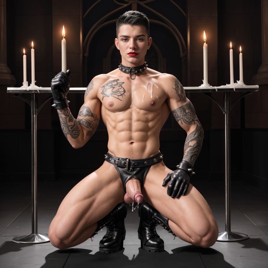 ((en un templo,iluminado por muchas velas))), un joven marica (((maquilaldo con labios rojos)) se encuentra en un altar ((viste slips de cuero negro con la polla al aire)) ((botas altas de plataforma))), (((corpiño de cuero con cremallera))) ((guantes y collar de pinchos)) ((tatuado)), ((que se vea el cuerpo completo)),  a sus pies ((arrodillado chico travesti muy maquillado))  ((vistiendo botas altas de plataforma ,slips de cuero muy pequeño)), ((acaricia las piernas del otro)) ((los dos llenos de semen caliente y brillante))