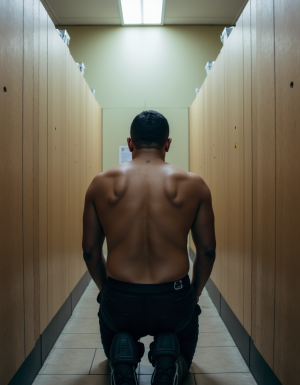 Imagen realista, hombre sumiso de rodillas esperando ser usado en un WC publico 