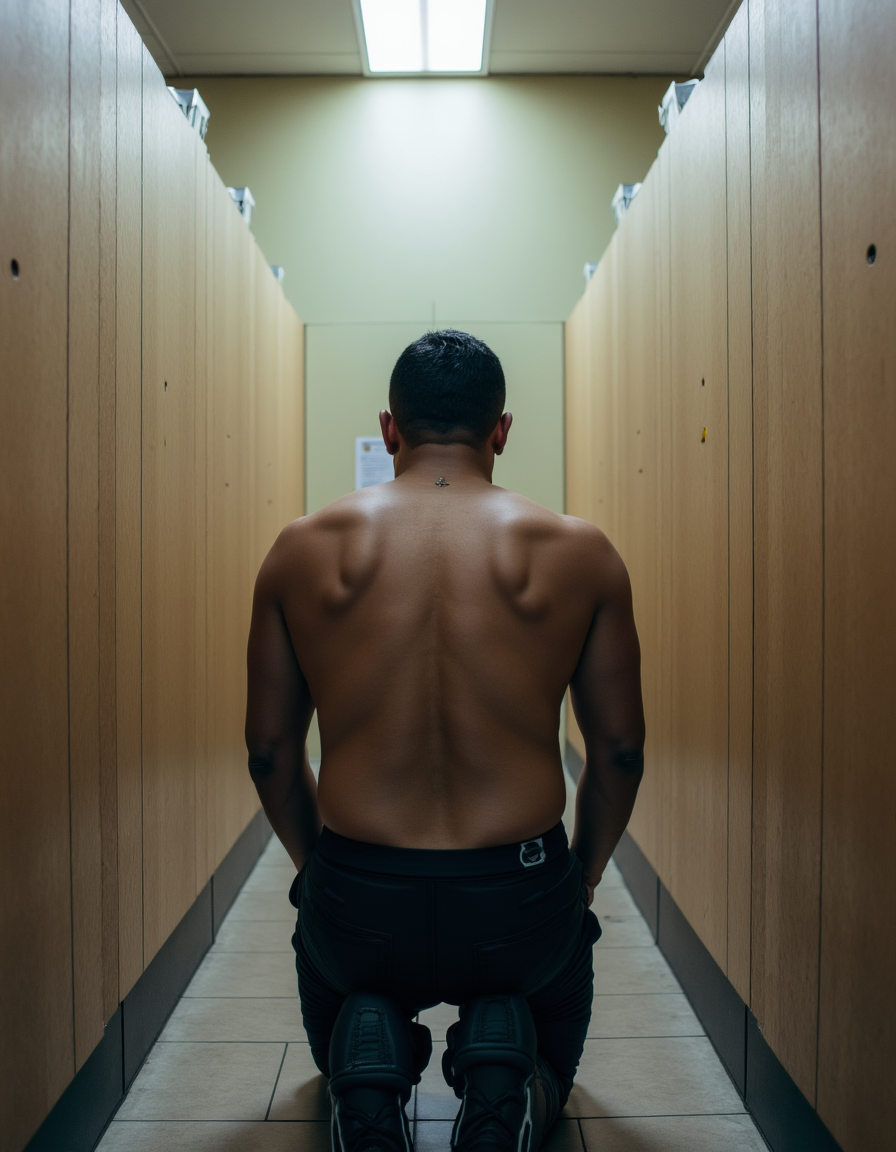 Imagen realista, hombre sumiso de rodillas esperando ser usado en un WC publico 