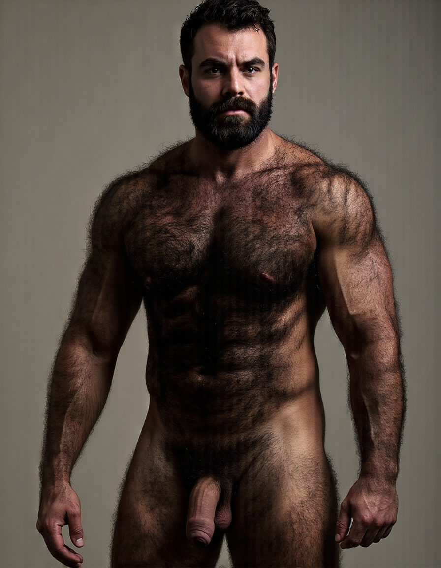 PEDRO es un hombre muy macho, delgado pero con músculos muy fuertes y está de pie.

PEDRO tiene una cara geométrica masculina brutal, tiene la estructura ósea de un tío mediterráneo: pómulos altos y anchos que le marcan sombras naturales bajo los ojos, mandíbula cuadrada y pesada que se extiende hasta unas líneas angulares perfectas antes de llegar a la barbilla, tiene la barbilla prominente, redondeada con un ligero hoyuelo central, firme como un puño cerrado, no es una cara bonita en el sentido delicado es una cara poderosa, construida para imponer respeto.

PEDRO tiene ojos oscuros, de un marrón profundo que roza el negro cuando la luz no les da directamente, están ligeramente hundidos bajo un arco supraciliar marcado que les da una sombra permanente de depredador en reposo, tiene cejas gruesas, densas y oscuras, casi rectas con una ligera curva natural, sin arreglar, tiene los párpados entornados, tiene mirada de evaluación constante decidiendo si mereces su atención o no, tiene las pestañas sorprendentemente espesas y largas para un tío tan bruto, negras como el carbón.

Pedro tiene nariz grande, proporcionada a la cara, con el puente ancho y recto en forma clásica griega con la punta ligeramente redondeada y las aletas nasales anchas que se expanden cuando respira hondo, es una nariz que le da carácter, que completa esa cara de gladiador retirado.

PEDRO tiene orejas de tamaño medio, pegadas al cráneo, casi ocultas por el pelo rizado que le cae a los lados, los lóbulos de las orejas son carnosos y gruesos, las orejas de Pedro están exactamente donde tienen que estar, discretas, funcionales, proporcionadas al tamaño de esa cabeza.

PEDRO tiene bigote, un puto bigote que es la pieza central de Pedro, su bigote es un mostacho denso, espeso, de pelo negro azabache que le cubre todo el labio superior con una generosidad casi obscena, el bigote es grueso desde la base, con los pelos apretados unos contra otros formando una masa compacta que se extiende más allá de las comisuras de los labios y cae ligeramente hacia abajo en los extremos, estilo morsa, el bigote no está recortado con precisión milimétrica y tiene un acabado ligeramente salvaje, cuando Pedro abre la boca, el labio superior desaparece completamente bajo su bigote cómo si fuera una cortina de pelo oscuro.

PEDRO tiene pelo negro intenso, rizado, con volumen considerable, el pelo cae en ondas gruesas y desordenadas hacia los lados y hacia atrás, con textura natural de pelo mediterráneo que simplemente crece así, denso y rebelde, el pelo de Pedro tiene brillo ligeramente aceitoso del pelo grueso y sano, el nacimiento del pelo es recto y bajo, lo que le da una frente proporcionada pero no demasiado amplia, es pelo de tío macho.

PEDRO tiene cuello grueso y ancho. y tiene los esternocleidomastoideos marcados como cuerdas tensas a cada lado cuando gira la cabeza, creando forma de V invertida que conecta la mandíbula con las clavículas, es un cuello de toro, corto en proporción al ancho, musculado sin ser exagerado, el cuello de Pedro tiene 